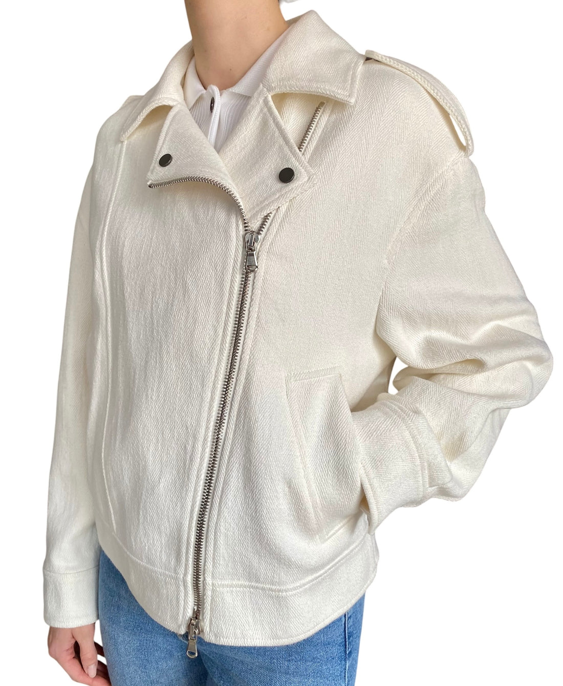 Brunello Cucinelli White Herringbone Moto Jacket - IT 40 / US 6-8