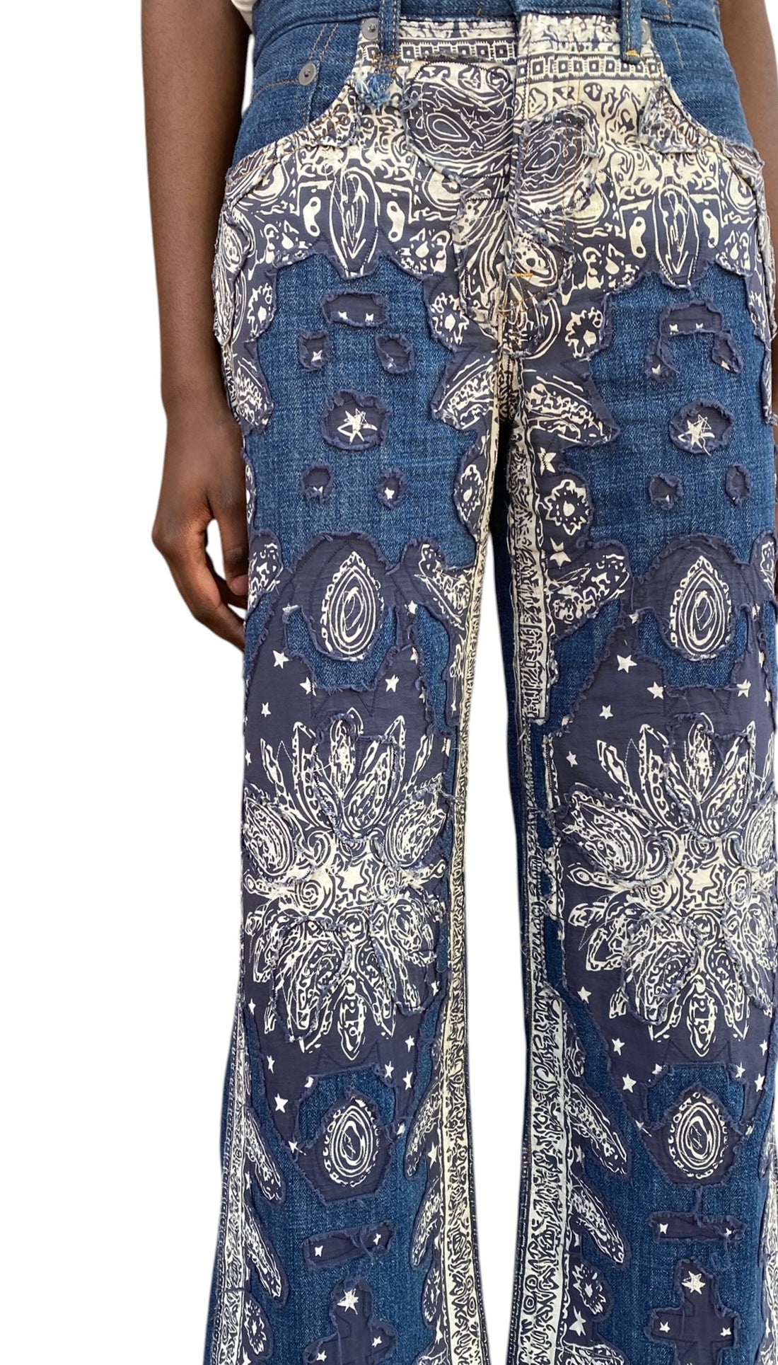 R13 Blue Ivory Bandana Patchwork “Darcy” Flare Denim - W25