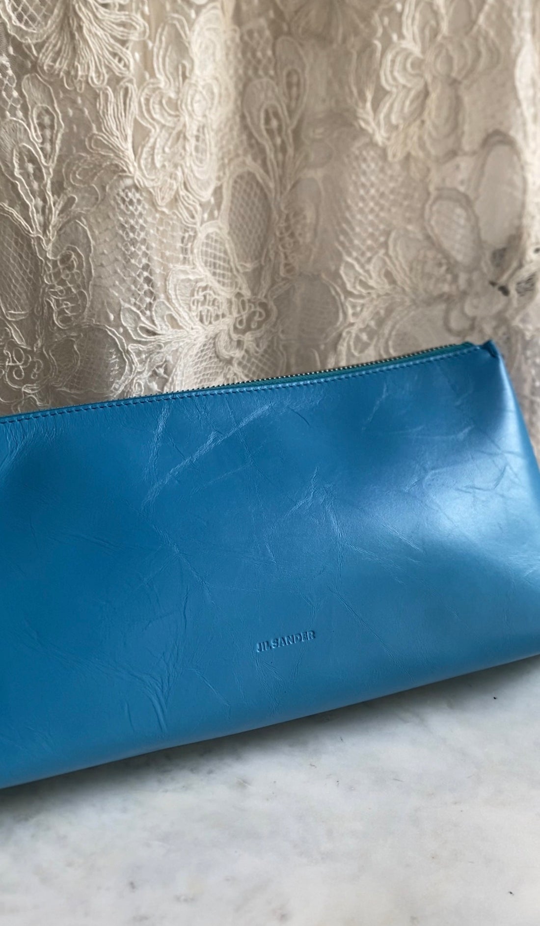 Jil Sander Turquoise Blue Aged Leather Empire Crossbody Small Zip Bag