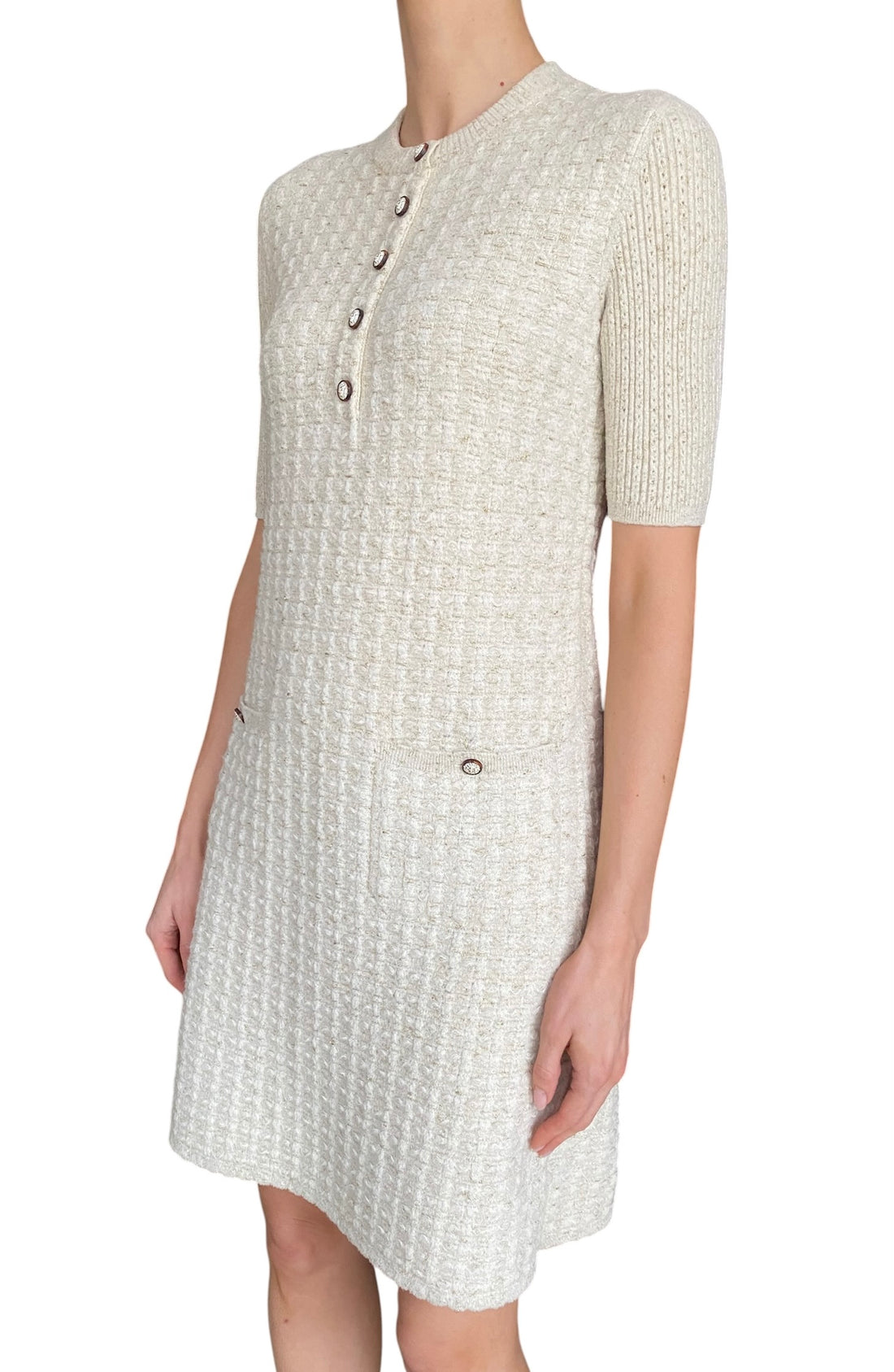 Chanel 17A Ivory Metallic Houndstooth Tweed Knit Mini Dress - FR 36 / US 2-4
