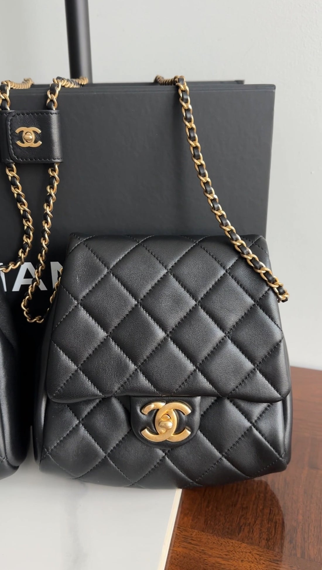 Chanel 19S Runway Black Quilted Lambskin Flap Double Side Pack Bags