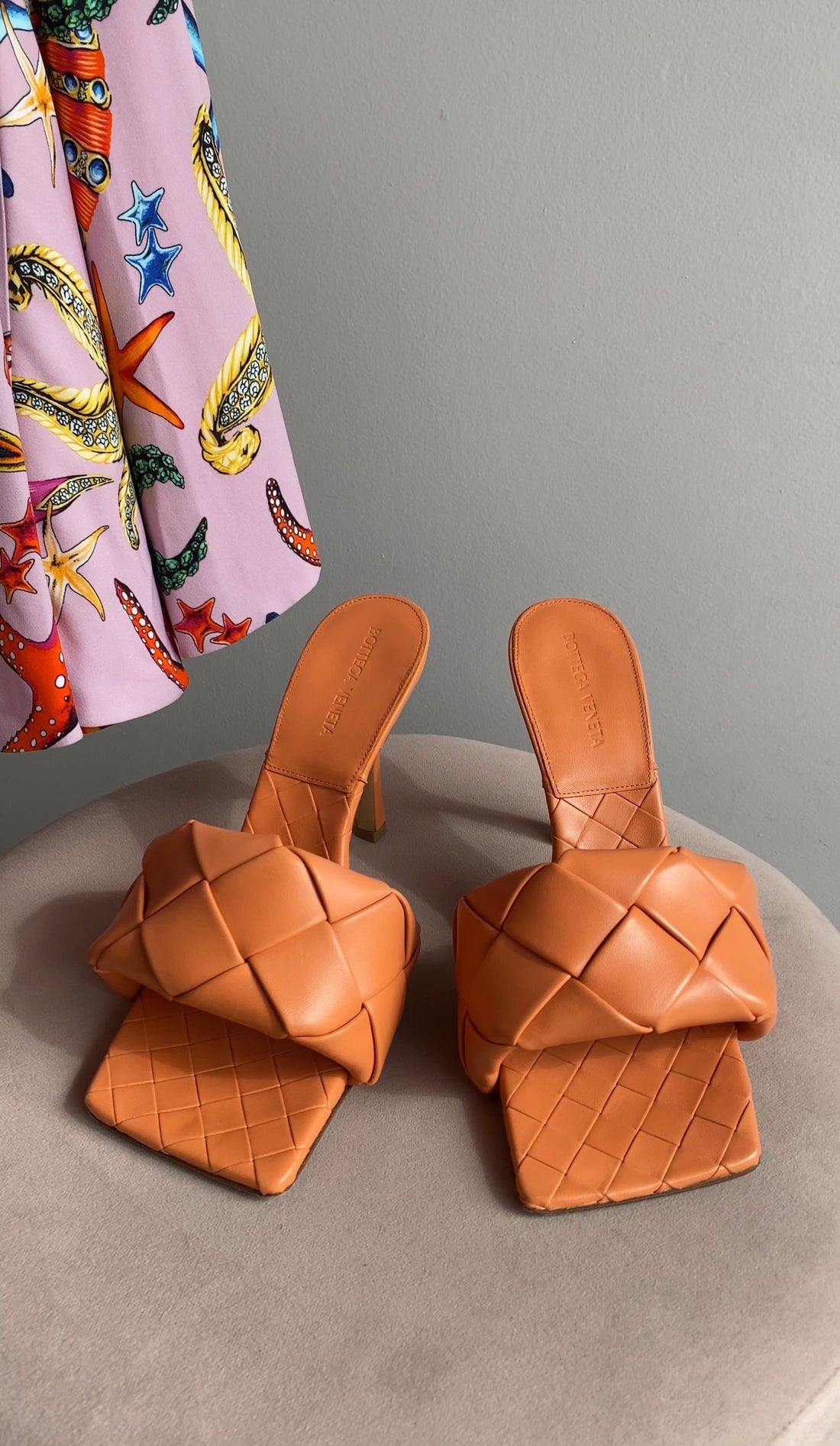 Bottega Venetta Coral Orange Leather Maxi Intrecciato Lido High Heel Sandals - 39.5