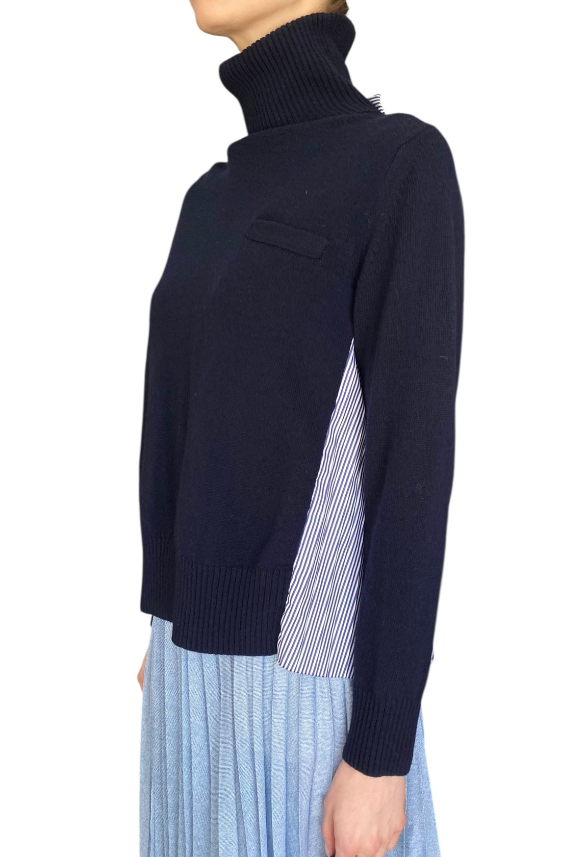 Sacai Navy Striped Pleated Panelled Turtleneck Sweater  - S / US 2-4