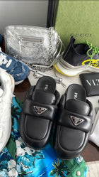 Prada Black Leather Triangle Logo Puffer Slide Mule Shoes - 36.5 / 37