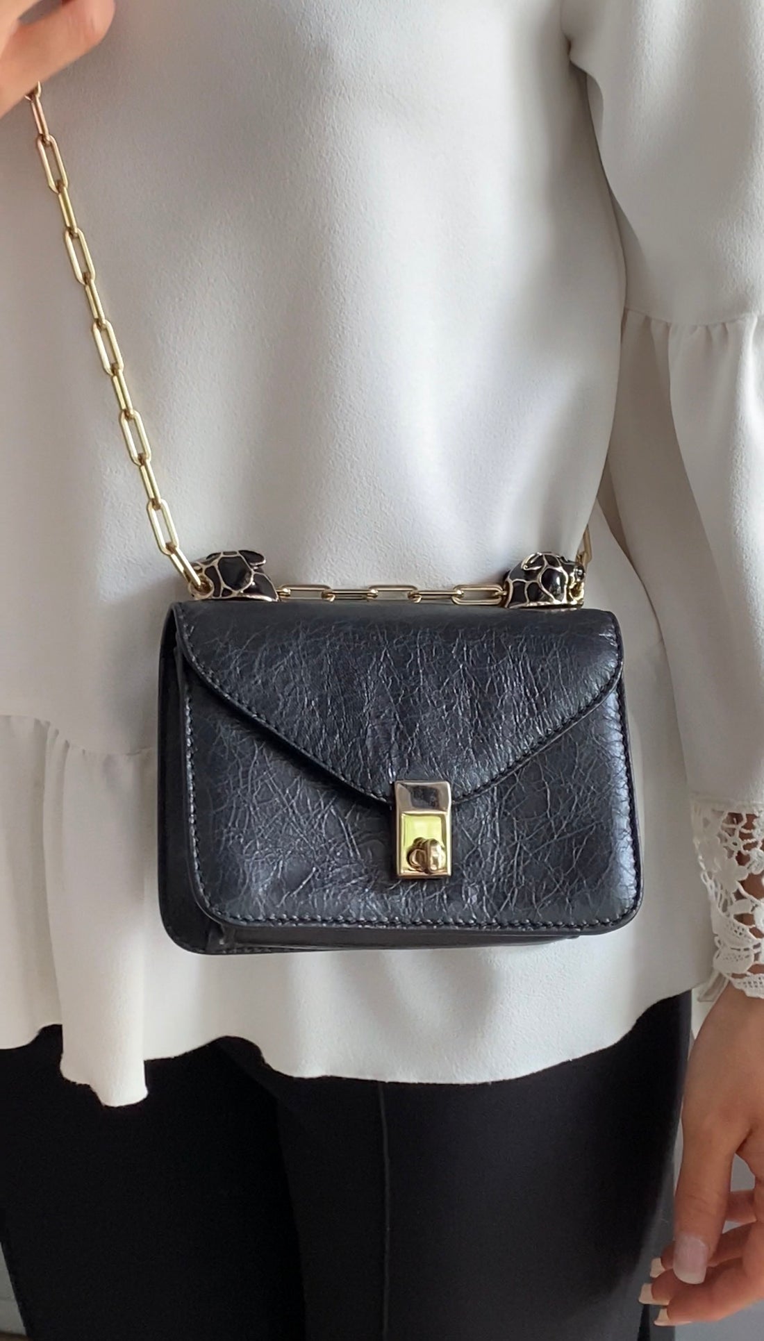 Valentino Black Aged Leather Enamel Panther Heads Chain Flap Bag Mini