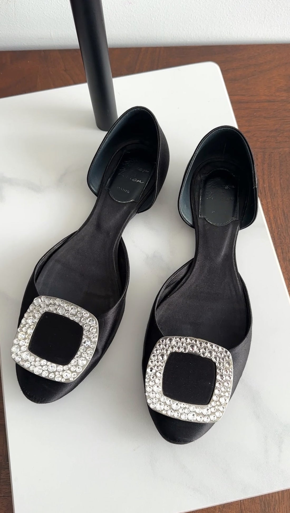 Roger Vivier Black Satin Chips Strass Flat Shoes - 36 / 36.5