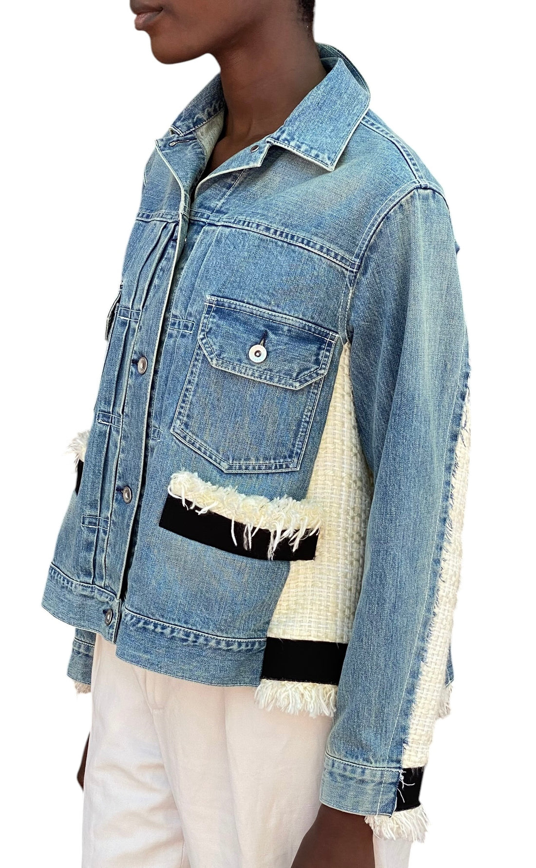 Sacai Blue & Ivory Denim Tweed Combo Jacket - JP 1 / S / US 4-6