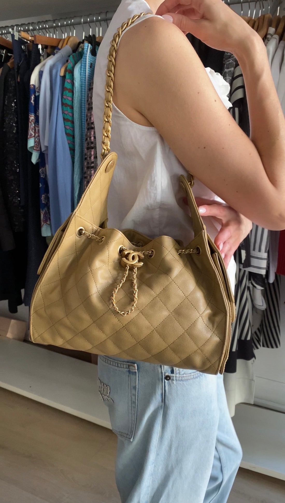 Chanel Beige 25 Matte Gold Drawstring Quilted Caviar Leather Chain Hobo Bag
