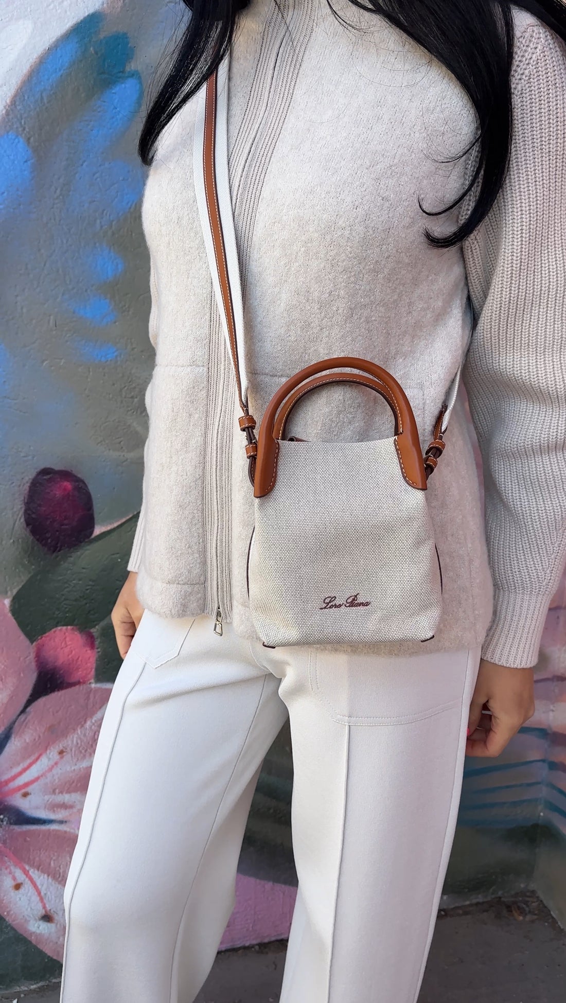 Loro Piana Micro Bale Canvas Toile and Leather Two Way Tote Bag