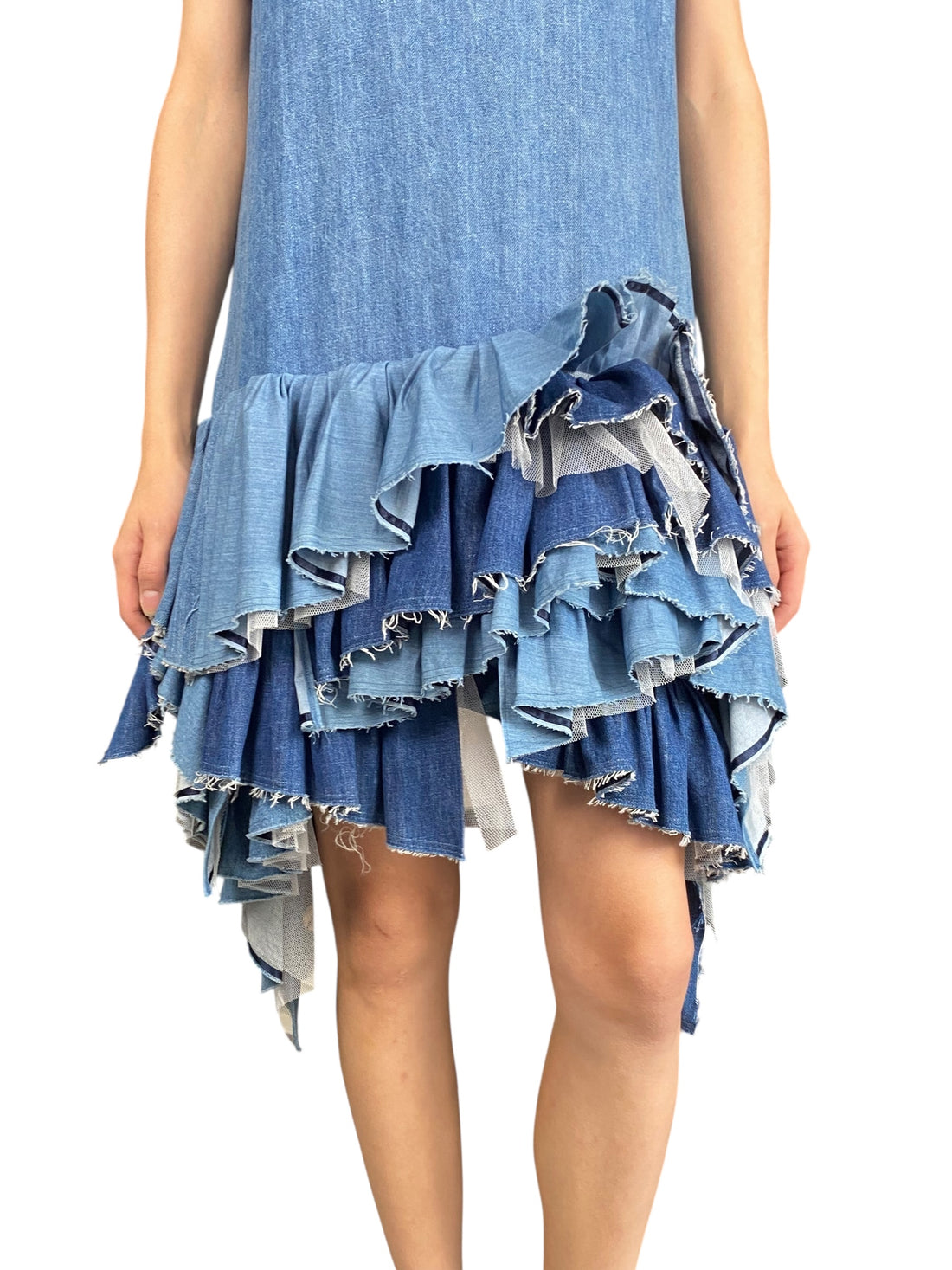 Junya Watanabe Blue Oversized Ruffle Tulle Denim Dress - XS