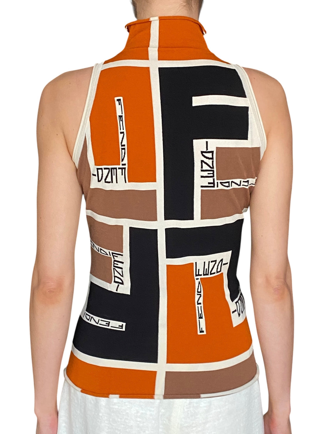 Fendi Orange Geo Puzzle Print Turtleneck Jersey Knit Tank Top - 40 / US 6