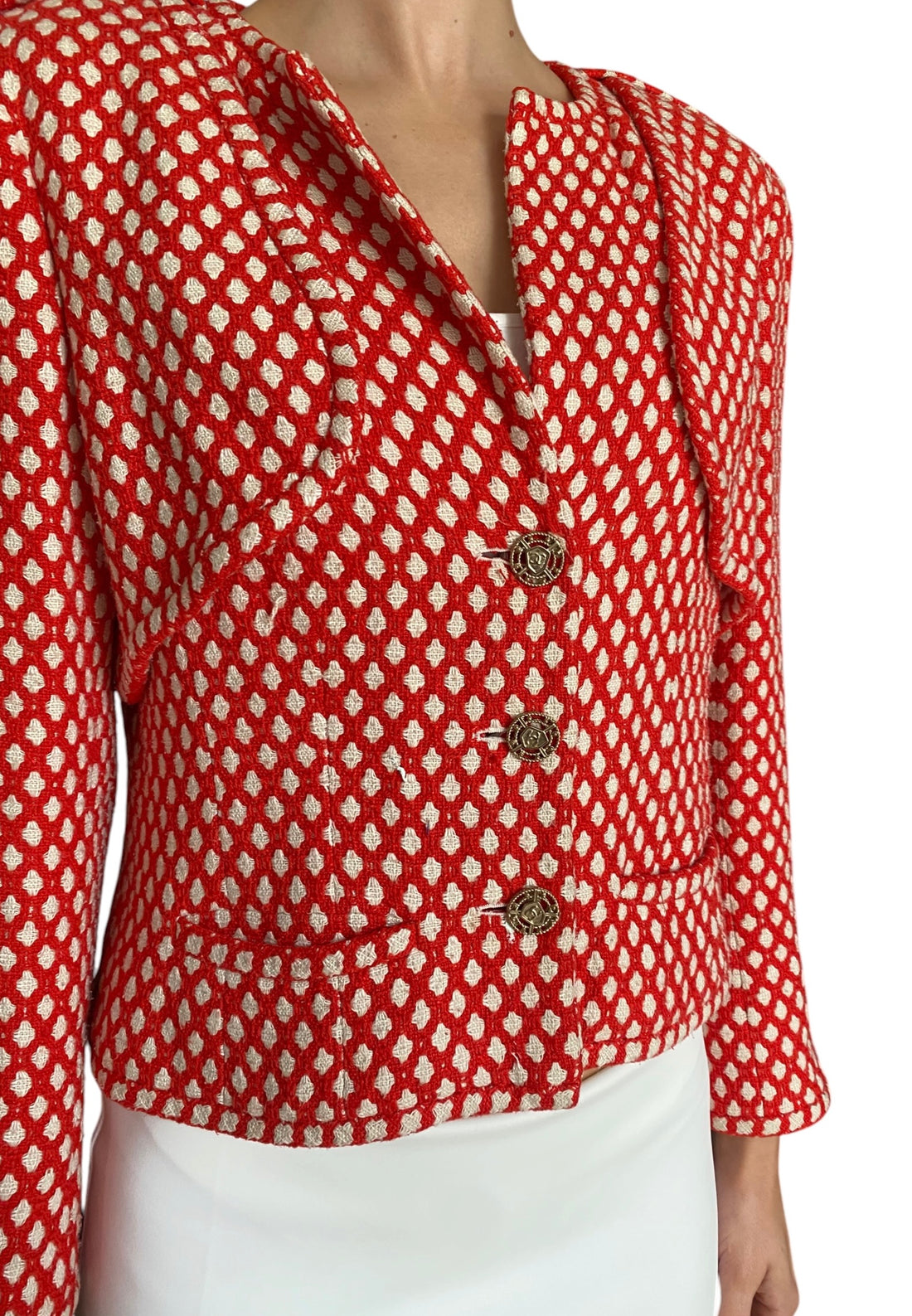 Chanel Spring 2008 Red & White Dotted Epaulet Tweed Jacket - 42 / US 4