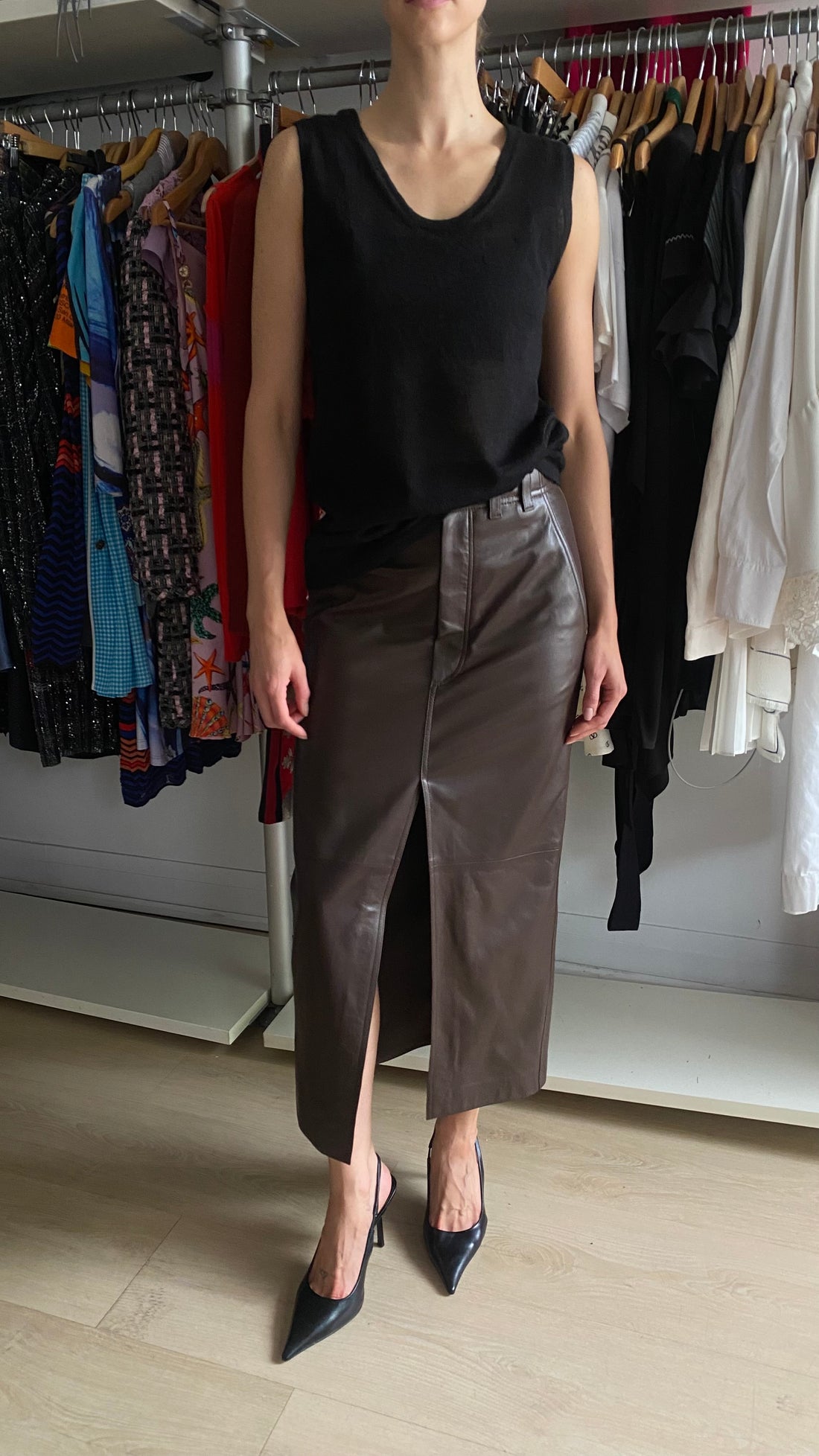 Brunello Cucinelli Chocolate Brown Lambskin Leather Midi Skirt - IT 40 / US 4