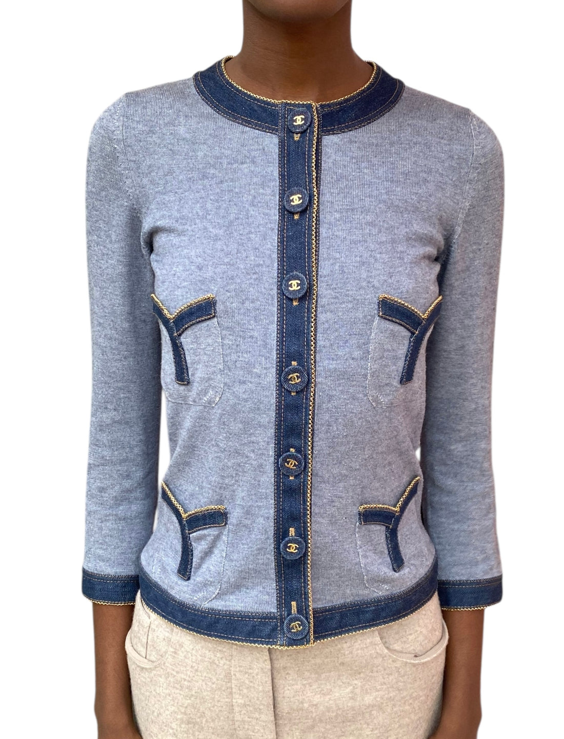 Chanel P07 Blue Denim Trimmed Cardigan - 38 / US 6
