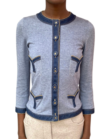 Chanel P07 Blue Denim Trimmed Cardigan - 38 / US 6