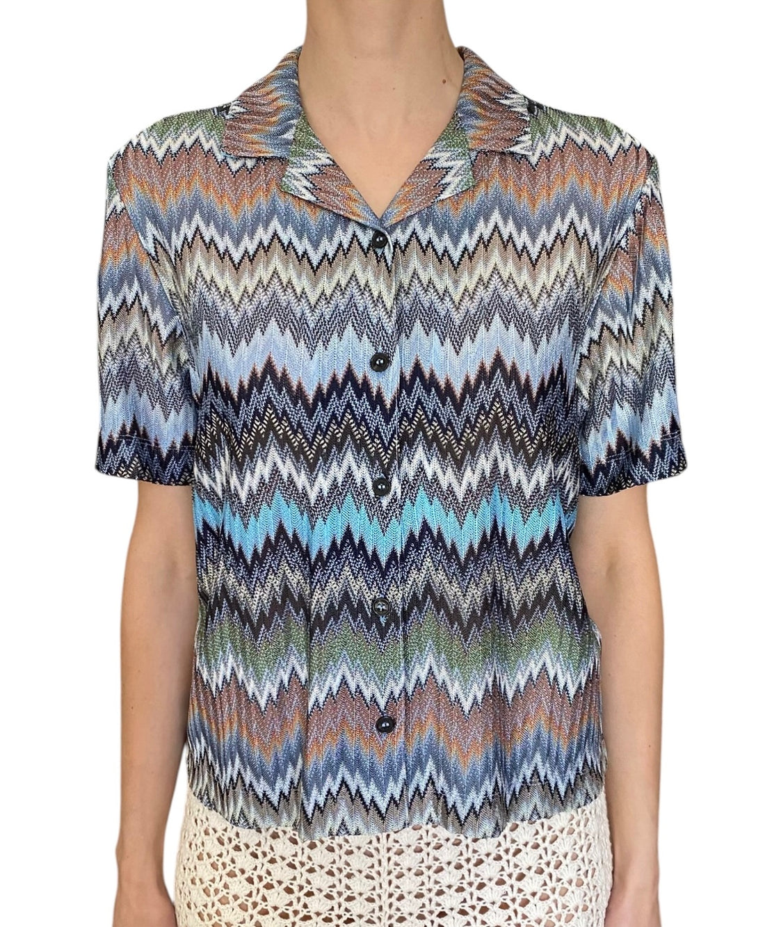 Missoni Blue “Intarsia” Zig Zag Patterned Short Sleeve Shirt - M / US 6