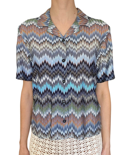 Missoni Blue “Intarsia” Zig Zag Patterned Short Sleeve Shirt - M / US 6
