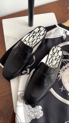 Hermes Black Leather Catena Mule with Black White Interior - 37