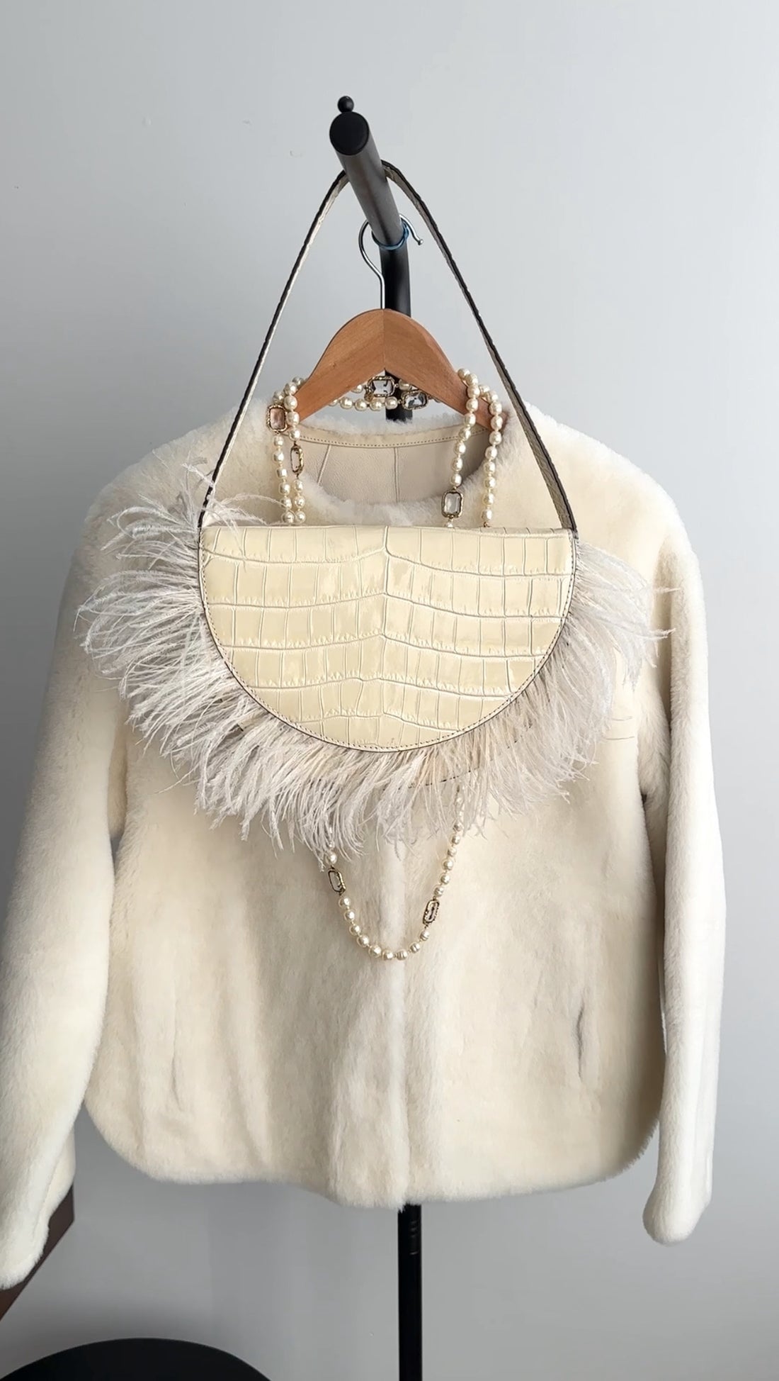 Staud Ivory Faux Embossed Half Moon Shoulder Bag with Feather Trim