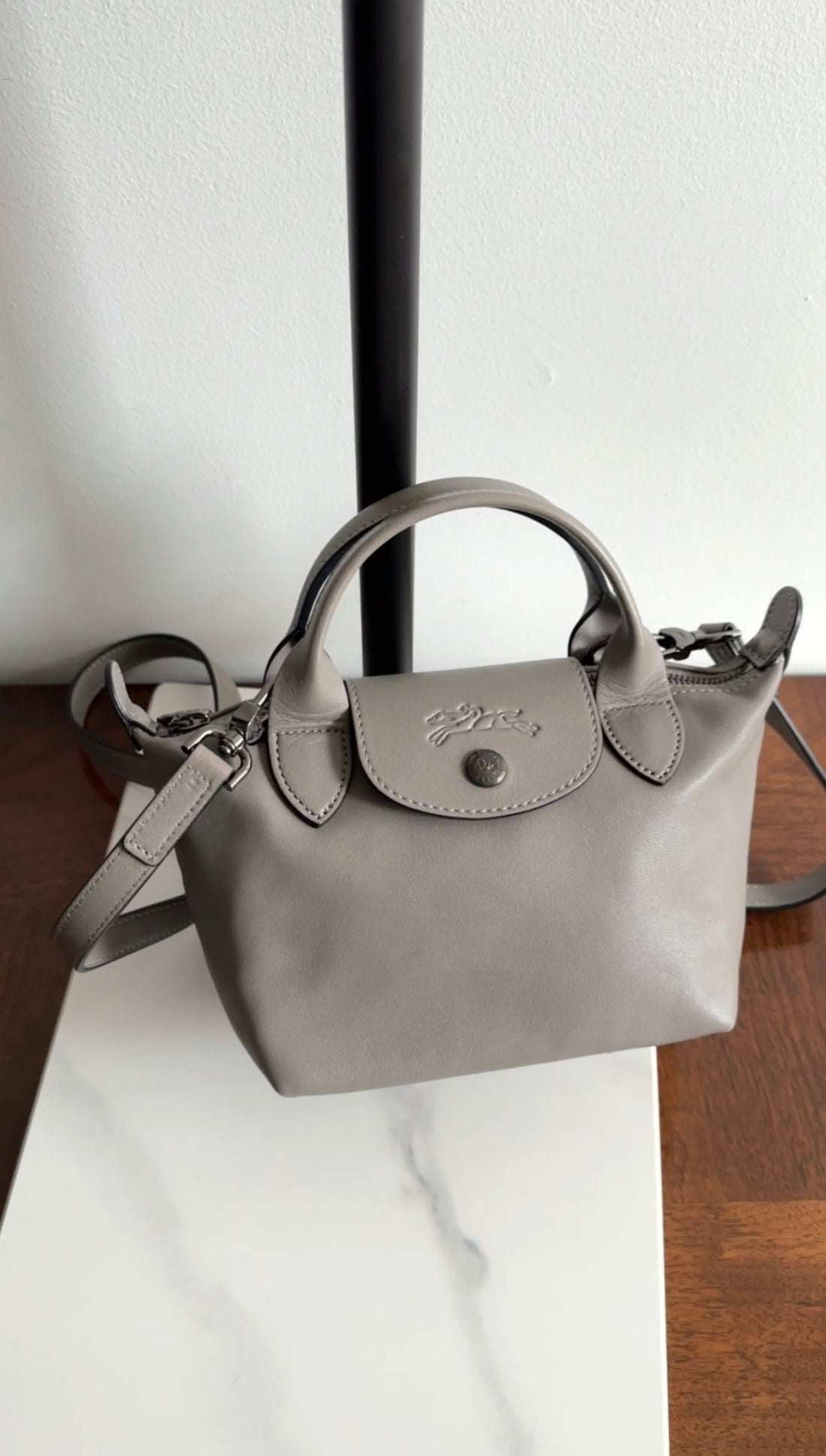 Longchamp Le Pliage Grey Leather Xtra XS Crossbody Bag