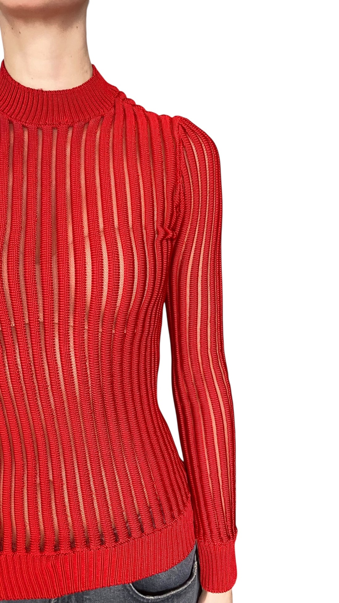 Balmain Red Rib Knit Mesh Long-Sleeve Top - US 0-2