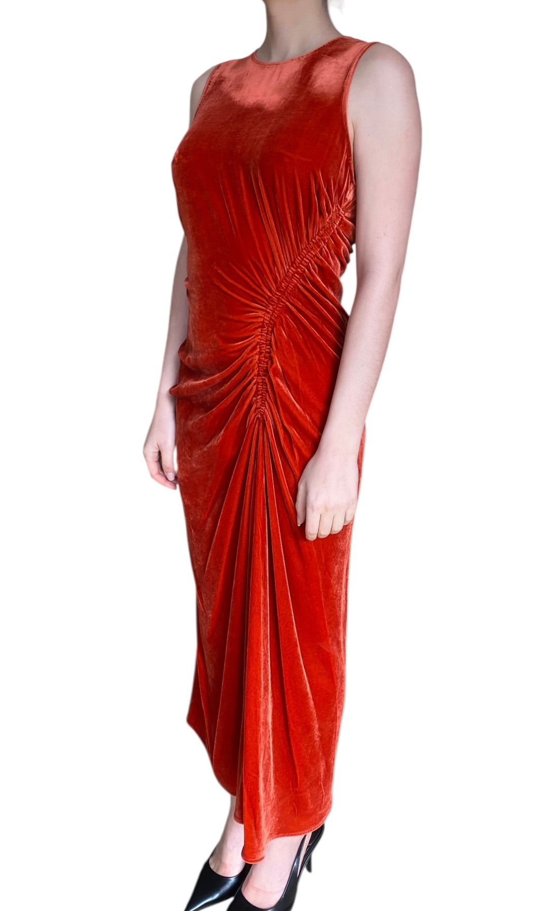 Ulla Johnson Burnt Orange Velvet Maxi Ruched Dress - US 6