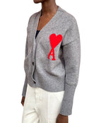Ami Paris Grey Wool Knit Logo Cardigan - M / US 6