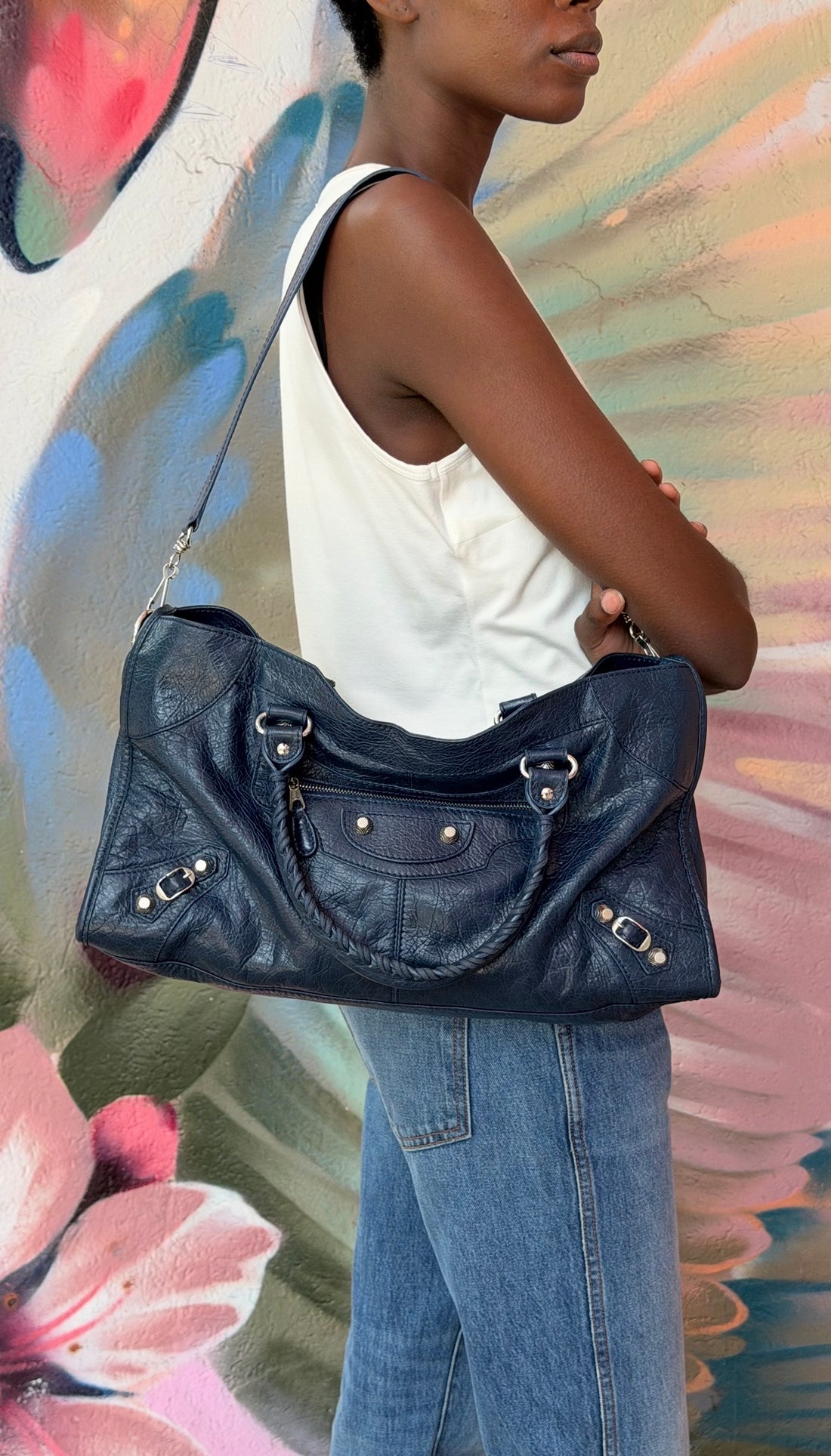 Balenciaga SS2005 Vintage Giant 12 Stud Navy Blue City Work Bag
