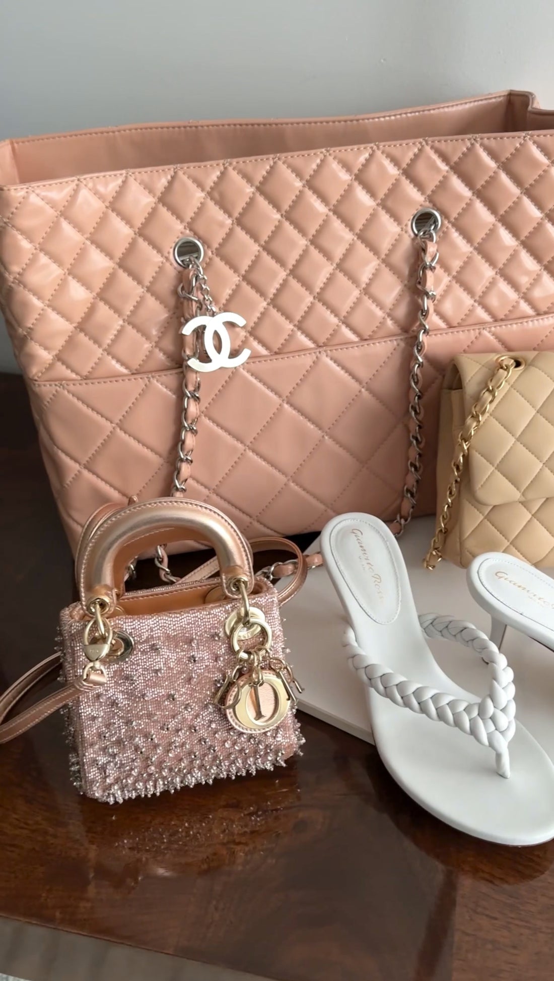Dior Lady Dior Pink Metallic Leather Bead Crystal Embroidered Micro Bag