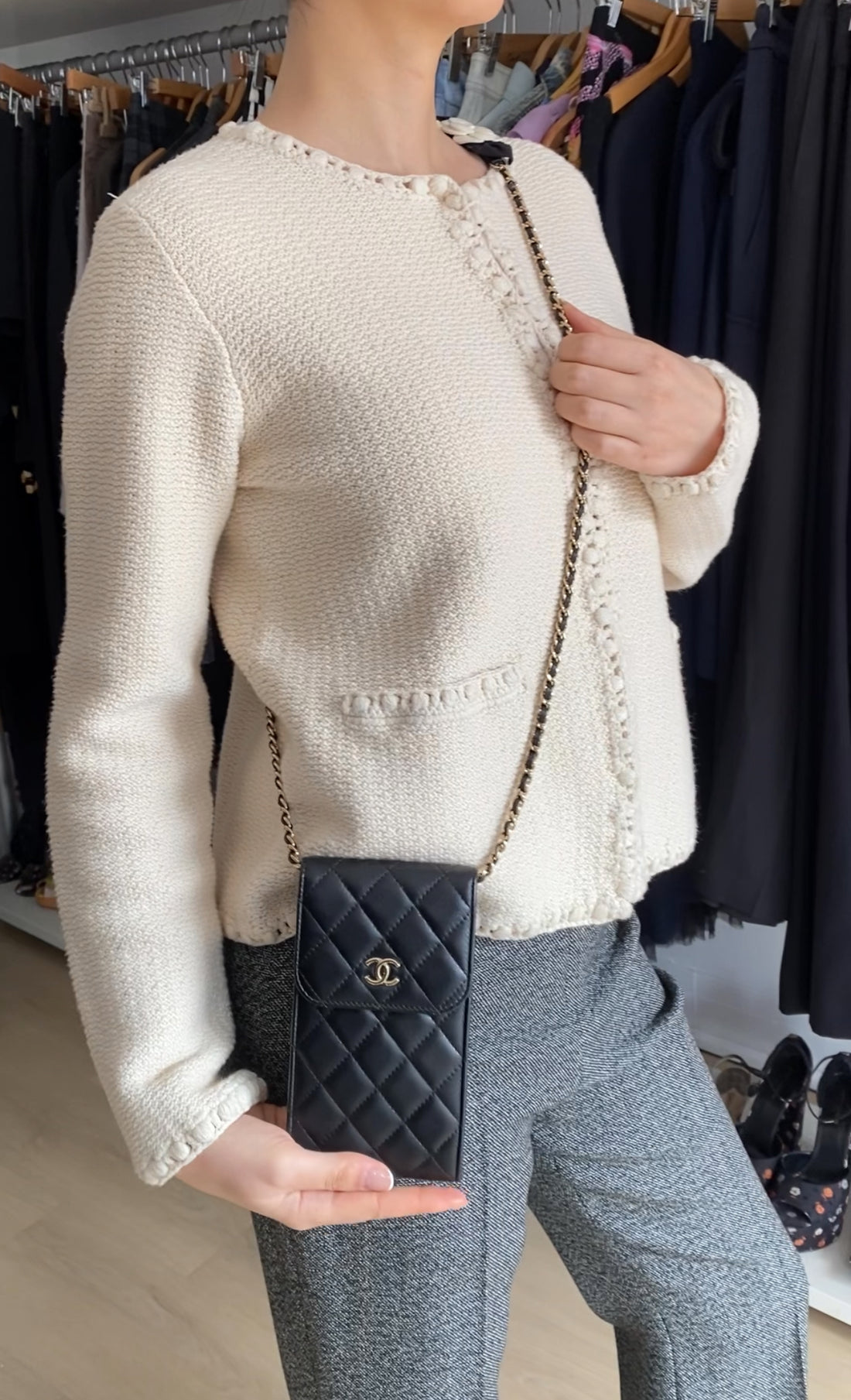 Chanel Black Leather Quilted CC Camelia Bow Crossbody Phone Holder