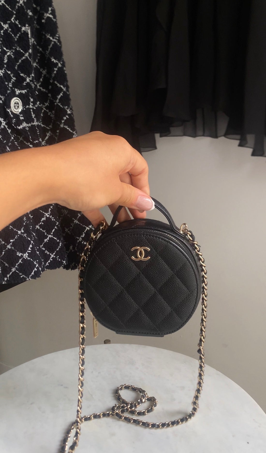 Chanel 2021 Black Quilted Caviar Leather Handle With Care Round Vanity Case Mini Bag