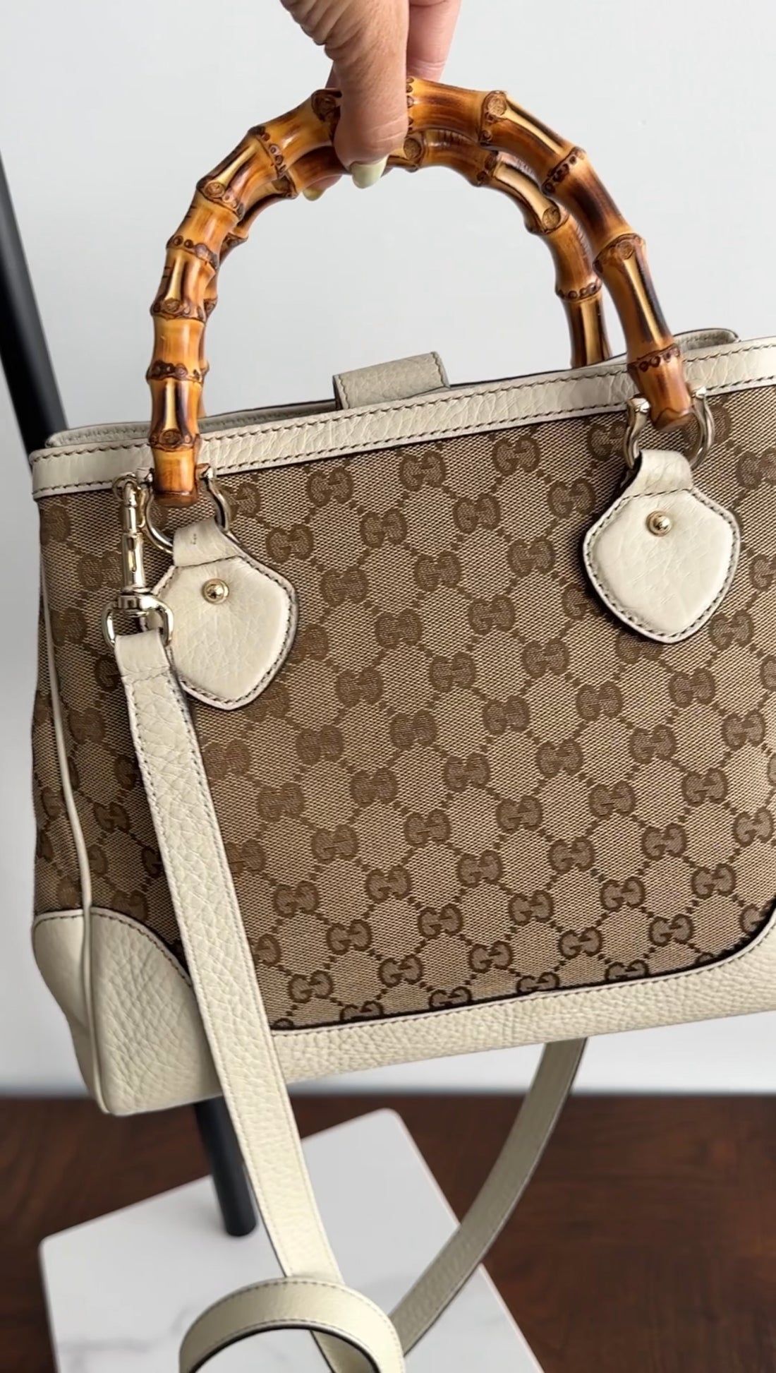 Gucci Ivory Leather Monogram Canvas Bamboo Diana Bag