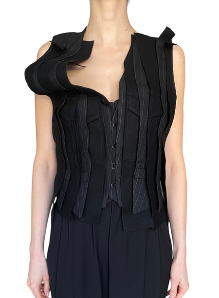 Sacai Charcoal Asymmetrical Pinstripe Patchwork Vest - JP 2 / US 4-6