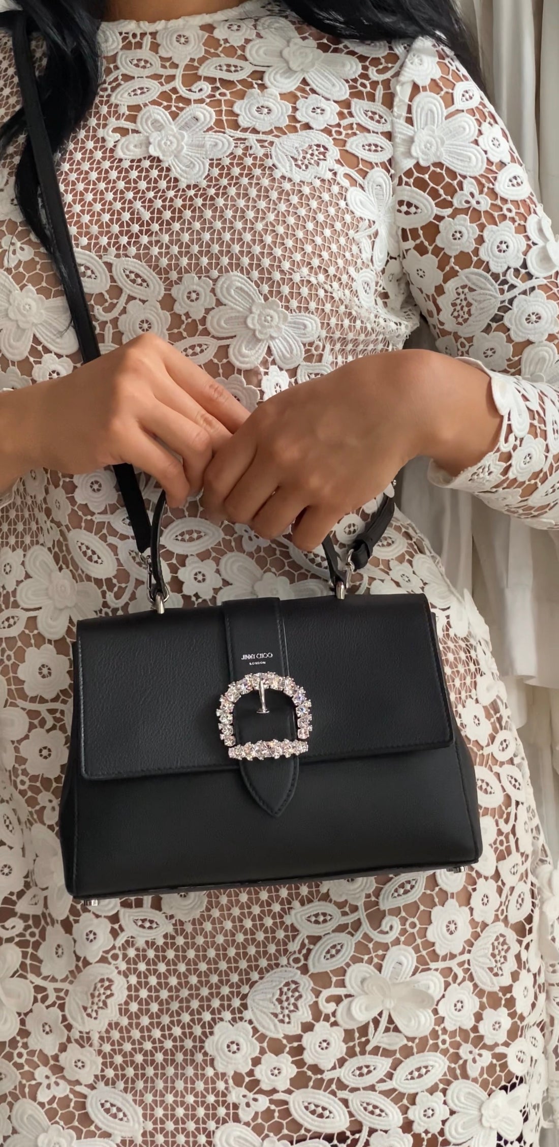 Jimmy Choo Cheri Jeweled Buckle Black Leather Small Top Handle Bag
