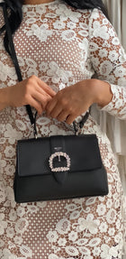 Jimmy Choo Cheri Jeweled Buckle Black Leather Small Top Handle Bag