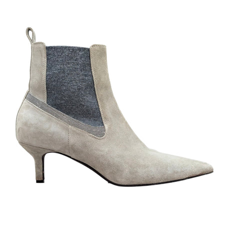 Brunello Cucinelli Grey Suede Monili Pointed Mid Heel Ankle Boot - 36.5