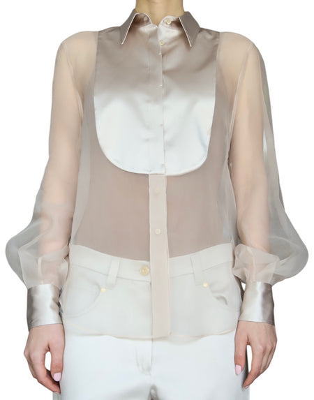 Brunello Cucinelli Beige Sheer Silk Tux Shirt - M