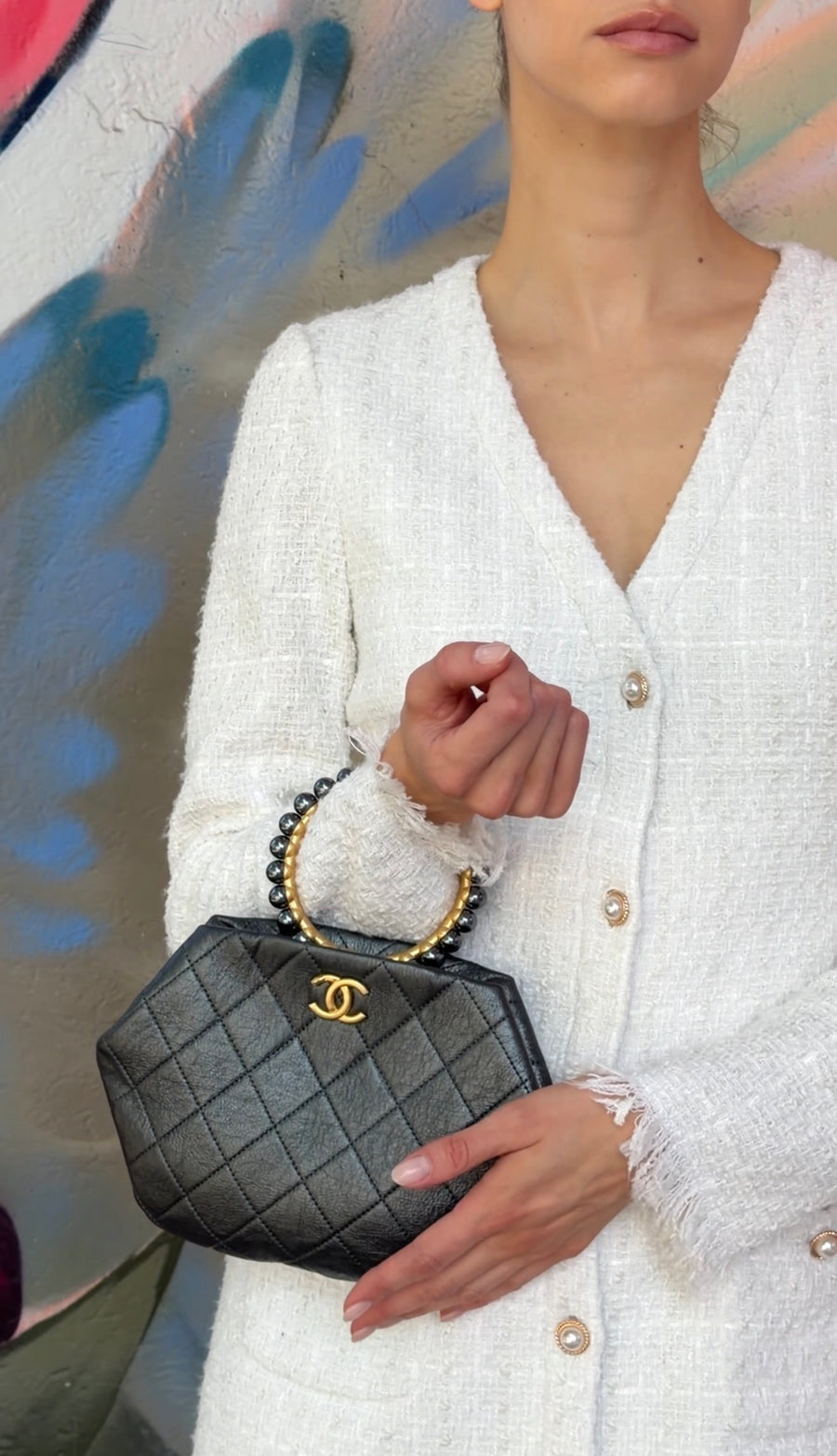 Chanel Quilted Dark Charcoal Grey Aged Lambskin Pearl Crown Clutch Bag