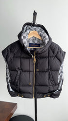 Louis Vuitton Black and White Crop Puffer Zip Hooded Vest - FR36