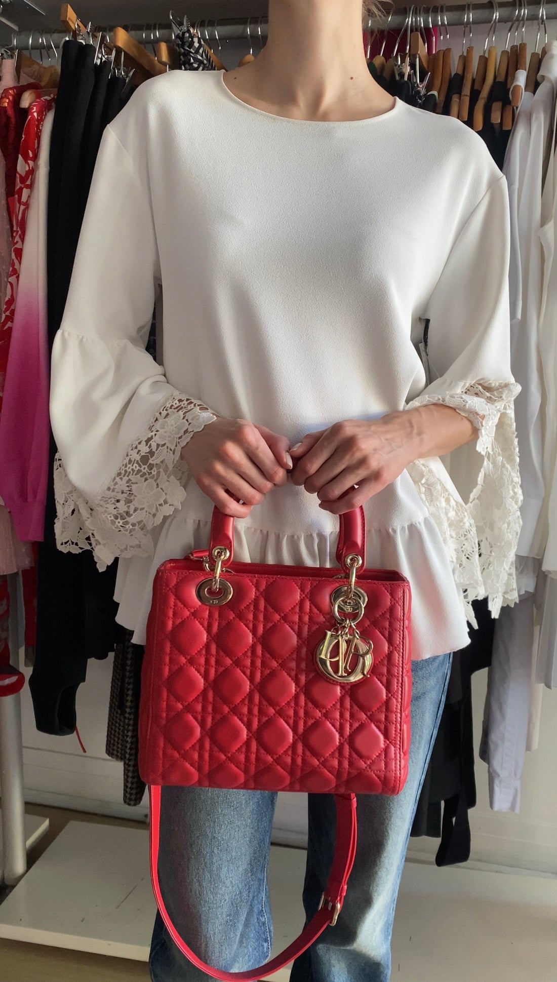 Dior Medium Lady Dior Red Quilted Lambskin Leather Two Way Handbag