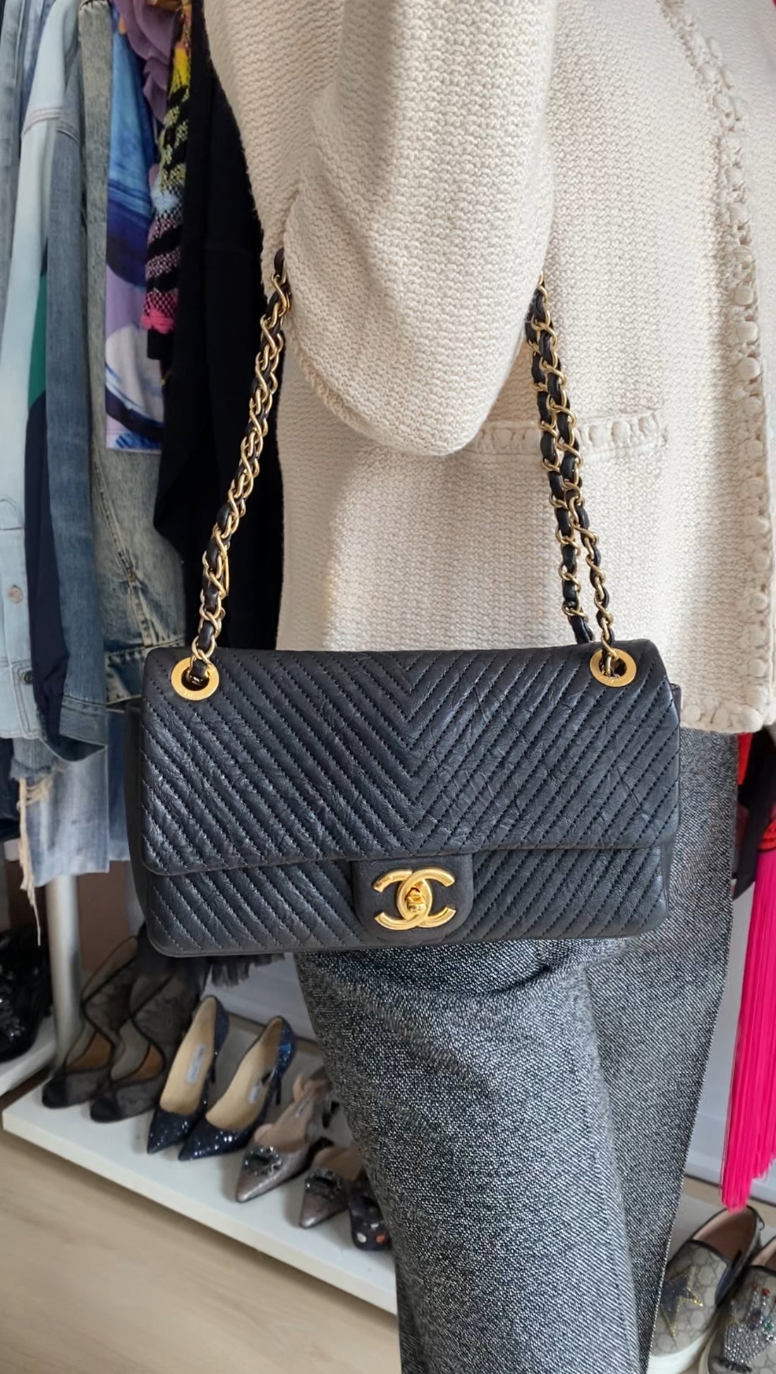 Chanel Surpique Chevron Black Quilted Leather Medium Flap Bag