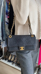 Chanel Surpique Chevron Black Quilted Leather Medium Flap Bag