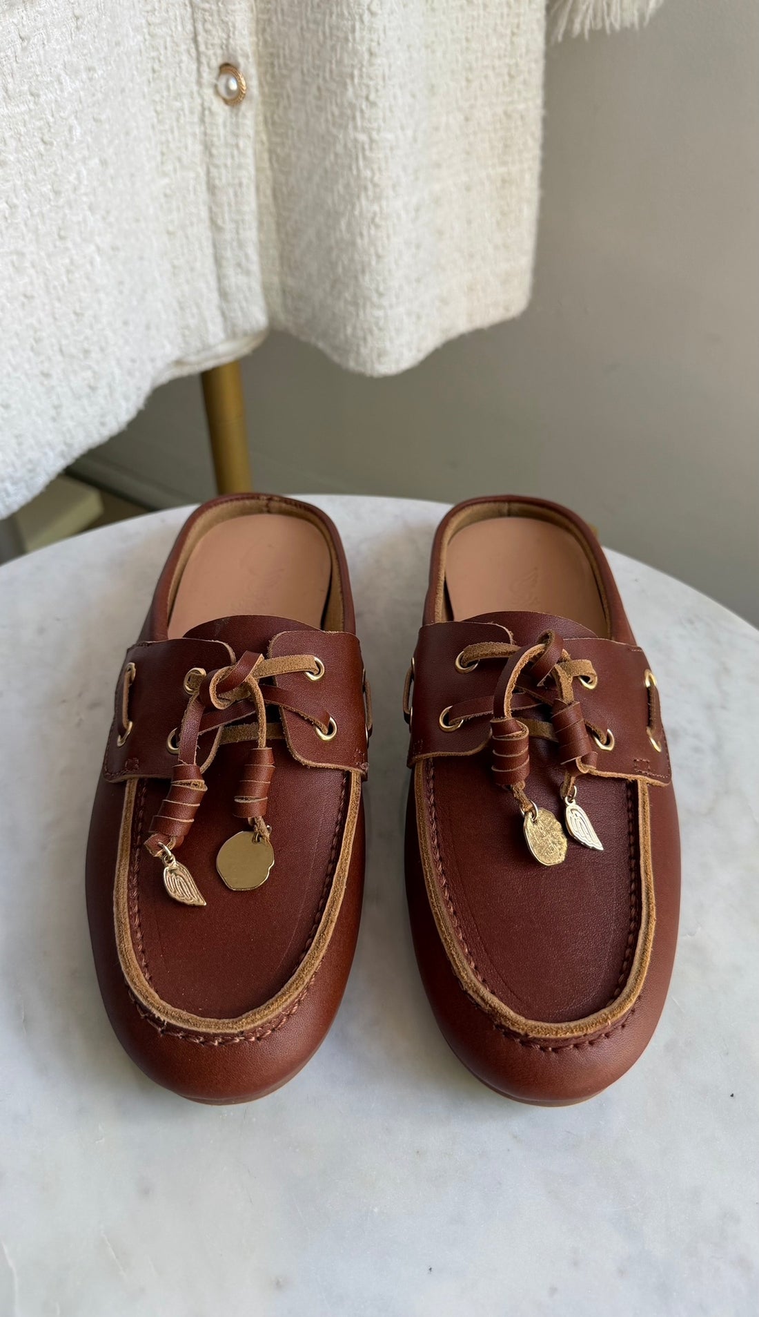 Ancient Greek Sandals Brown Naveta Leather Lace Up Boat Shoes Mules - 37