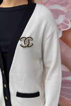 Chanel 22A Large Black and White Leather Woven Goldtone CC Brooch