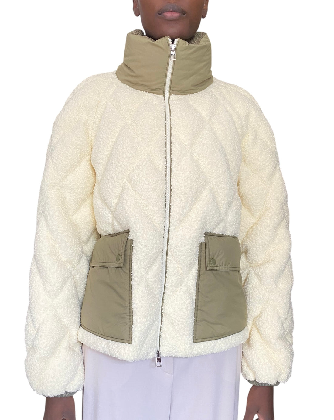 Moncler Ivory & Green Jonquille Quilted Bouclé Jacket - 2 / M