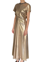 Brunello Cucinelli Brass Lamé Silk Twill Monili Collar Gathered Gown - M / US 6