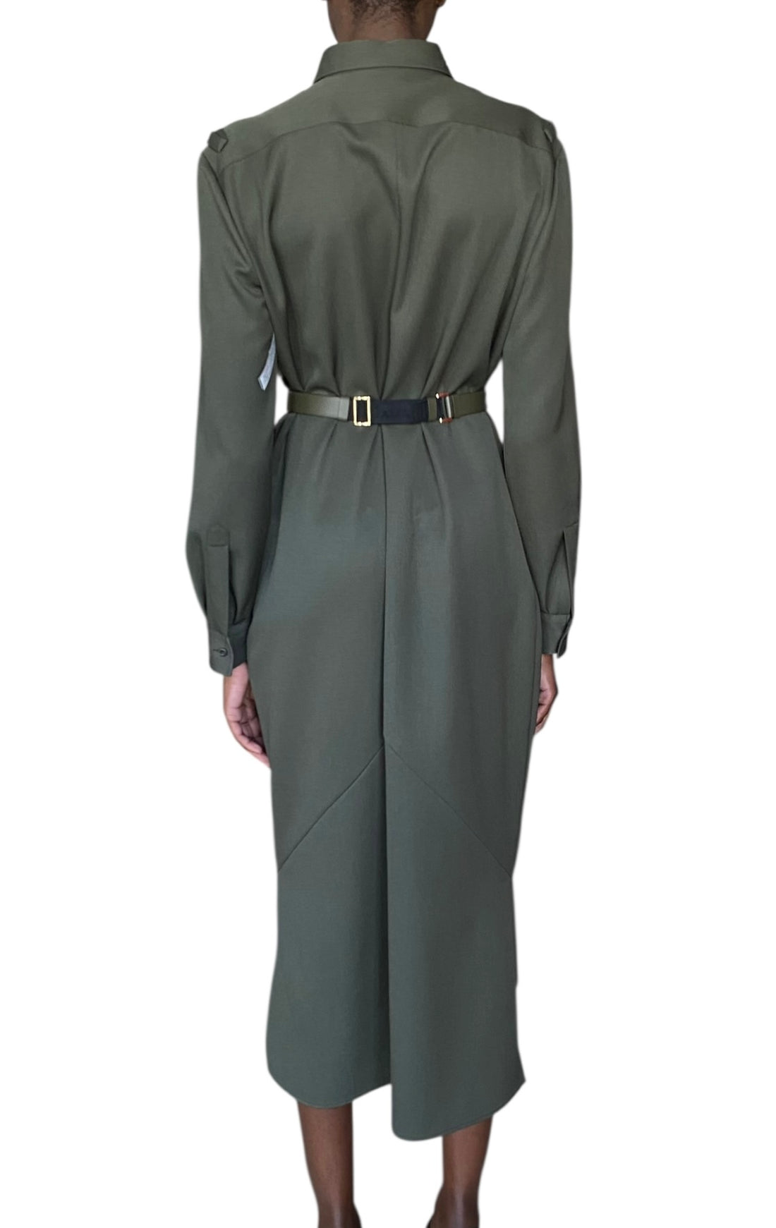 Prada Green Logo-Belt Button Down Wool Midi Dress - 44 / US 8