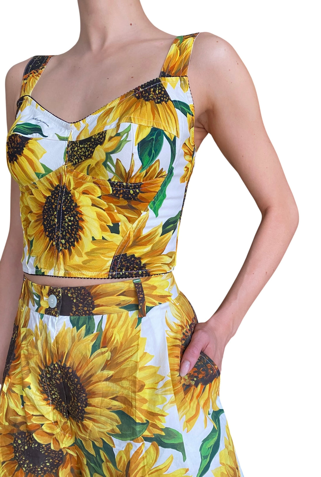 Dolce & Gabbana Yellow Sunflower Printed 2-Piece Bustier Shorts Set - 42 / US 4