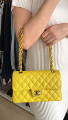 Chanel Lemon Yellow Caviar Leather Small Classic Double Flap Bag LGHW