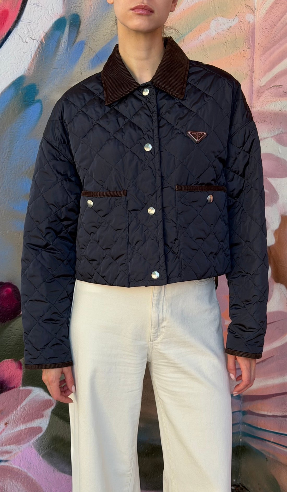 Prada Re-Nylon Navy and Brown Corduroy Padded Snap Field Jacket - IT 42 / 6